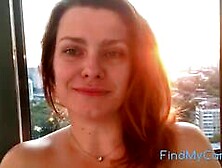 Horny MILF Masturbates on Balcony,  Squirting with Dildo