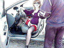 Frina car has broken auto navigator. Alluring blonde mom MILF driving in stockings without skirt or panties and asks for directi