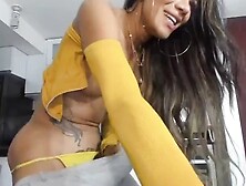 Hot tranny with big tits jerking her huge cock