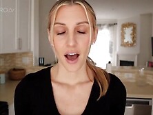 Ardent golden-haired is wearing white nylons and hot underware during a JOI session in her bedroom