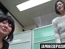 Pretty Japanese schoolgirl teasing herself while peeing