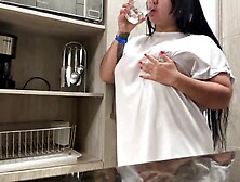 Moist masturbation in the hotel kitchen - large natural bazookas