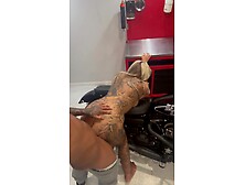 Tattooed blond gets screwed on a Harley