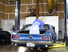 ASMR: Breasty Golden-haired Checks Car in Transparent Suit showing her BUTT