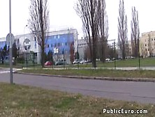 Blonde flashing firm small tits outdoor at cold day