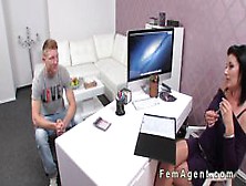 Muscled young guy licks female agent